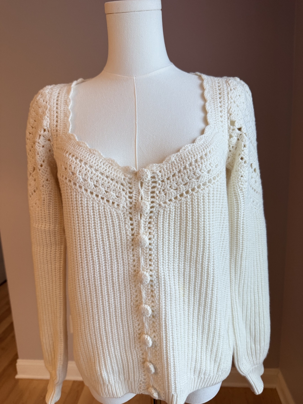 Sezane Cream Crochet-Trim Sweater